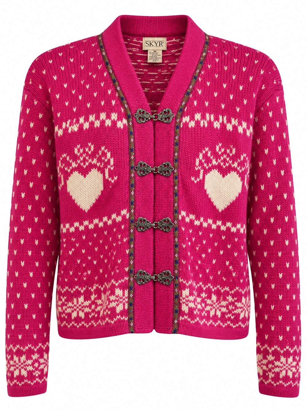 Vintage Cottagecore Nordic Pink Hearts Sweater Cardigan - Large